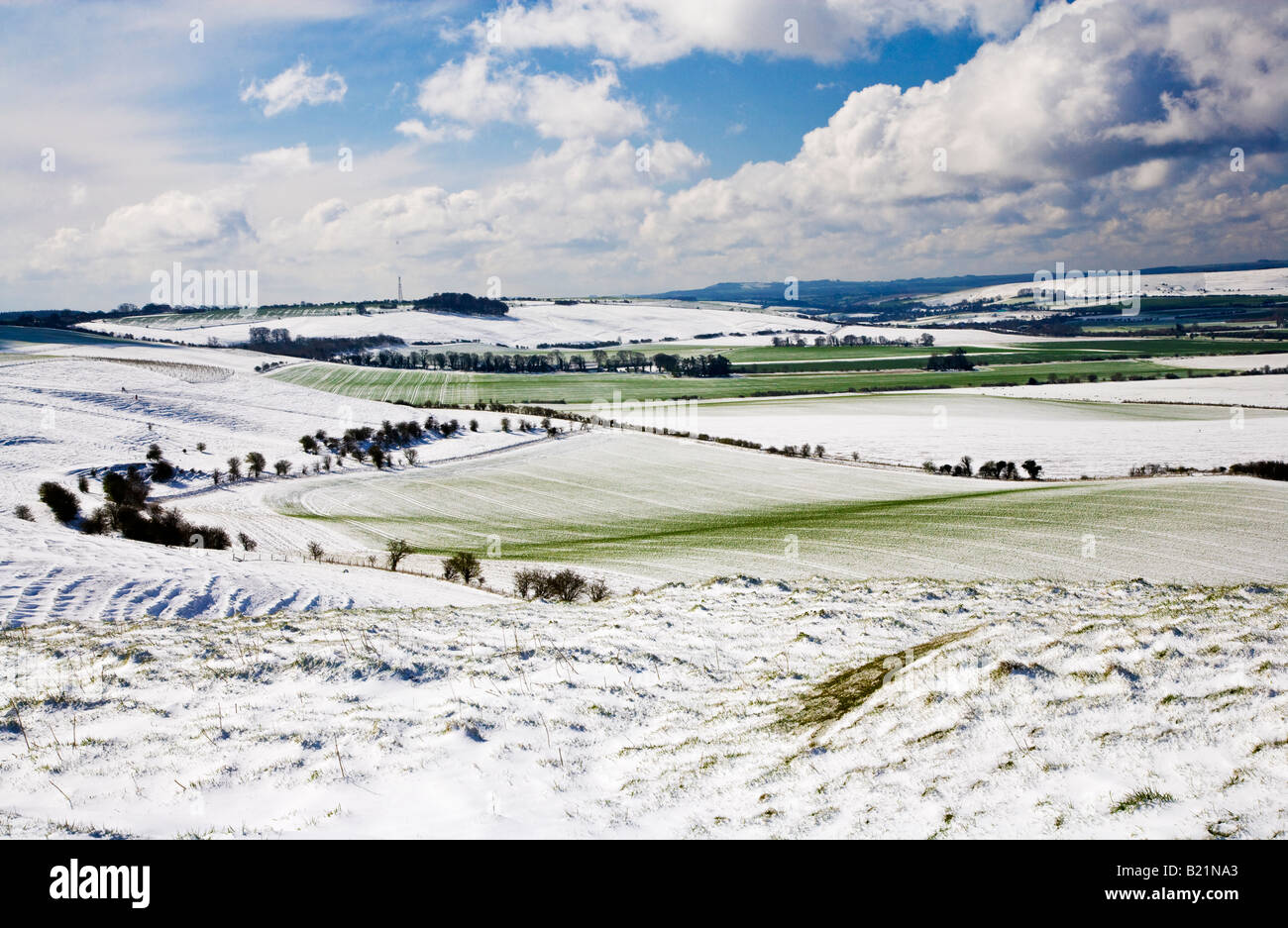 Snow over the Marlborough Downs in Wiltshire, England, UK taken from Liddington Castle Stock Photo