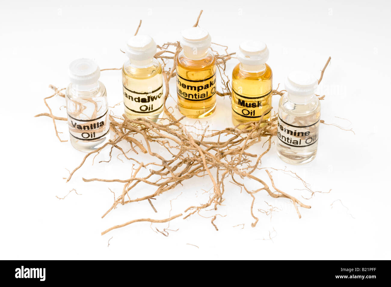 Five different 10ml bottles of Essential Oils Stock Photo