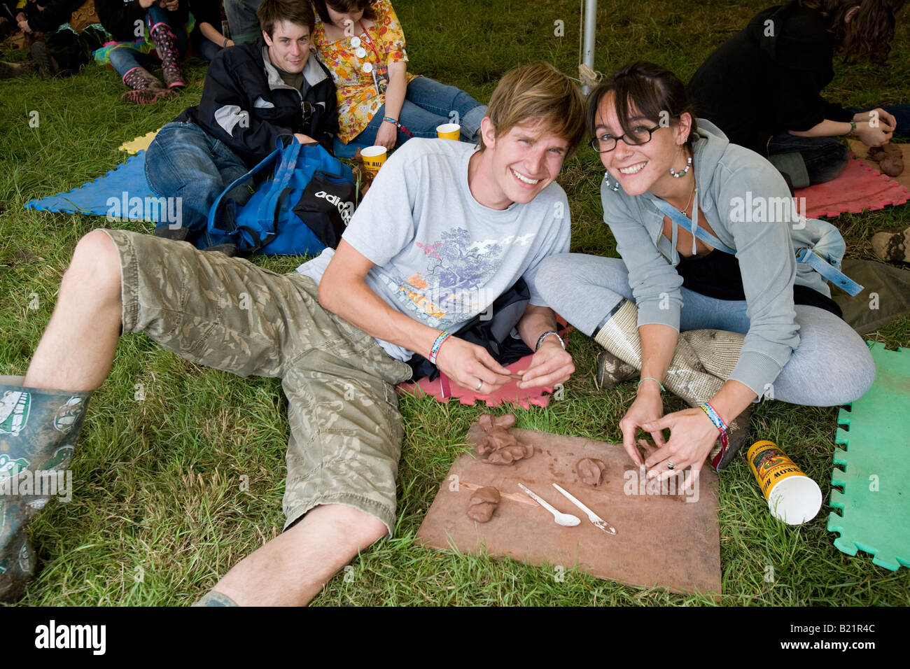 People Making Clay Models Glastonbury Festival Pilton Somerset UK Europe Stock Photo