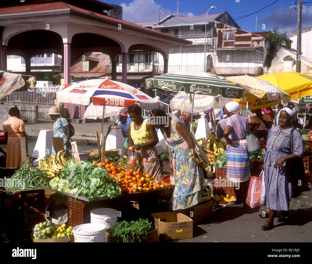 Busy wharfside market at Pointe-a-Pitre on the island of Guadeloupe Stock Photo
