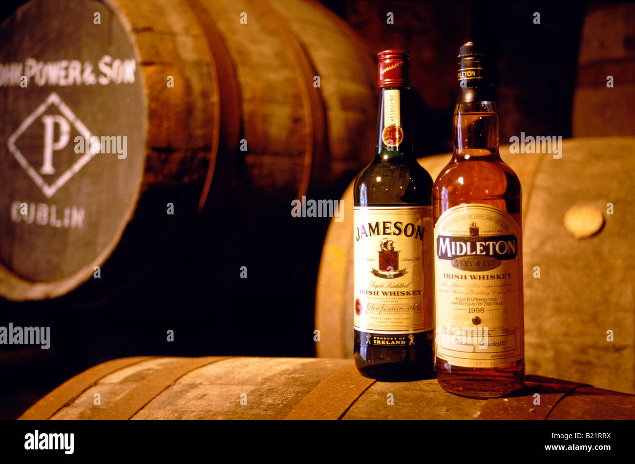 Two whiskey bottles on barrels at Jameson destillery Midleton County