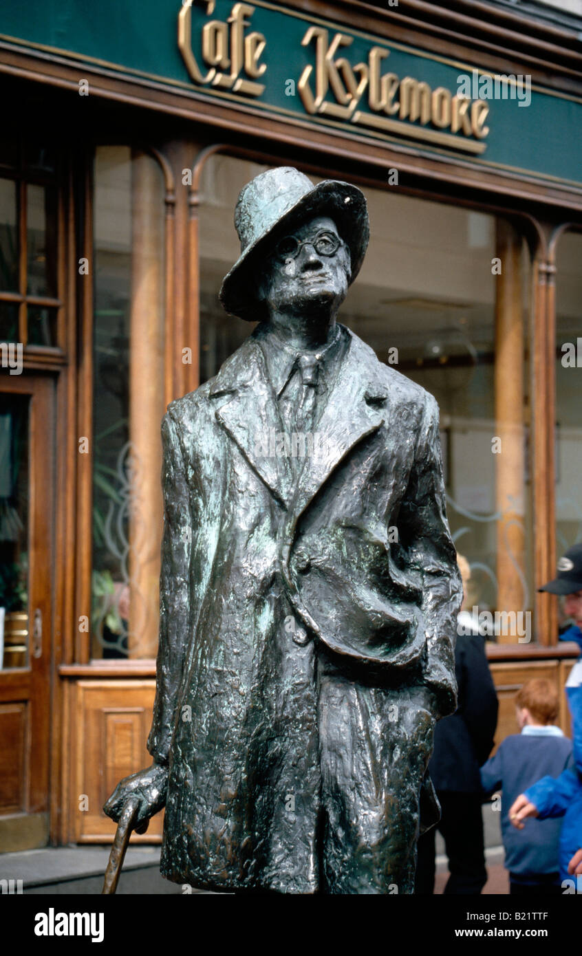 James Joyce bronze statue in front of Cafe Kylemore Dublin Ireland