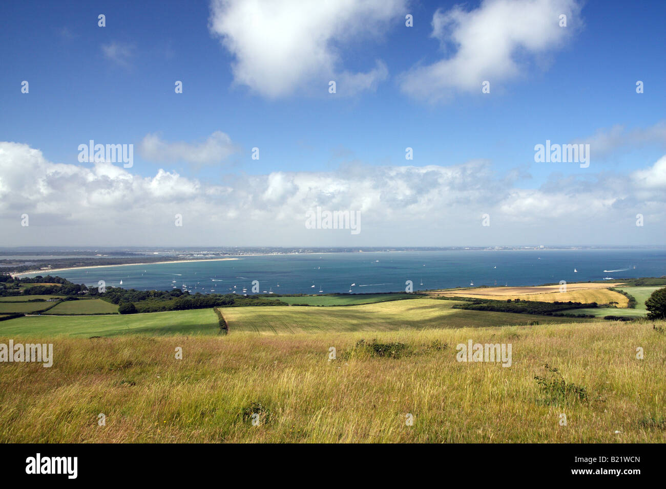 The view over Poole harbour in Dorset in England from the Purbeck hills ...