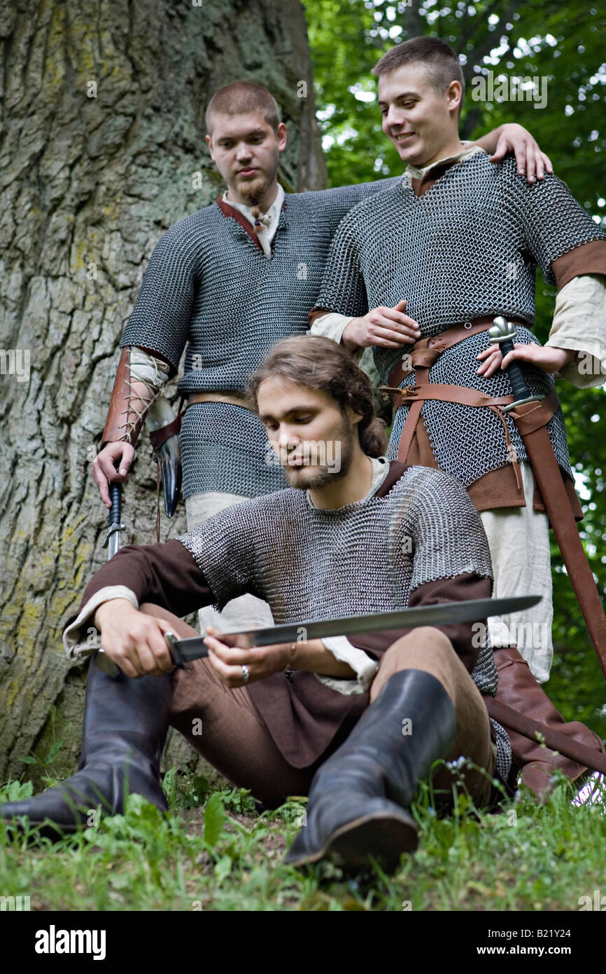 Medieval soldiers resting friends Stock Photo