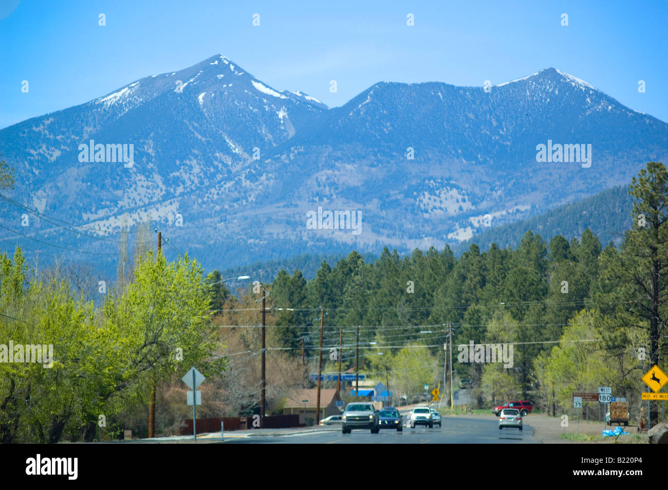 The San Francisco Peaks are a volcanic mountain range and landmark in Flagstaff Arizona Stock Photo