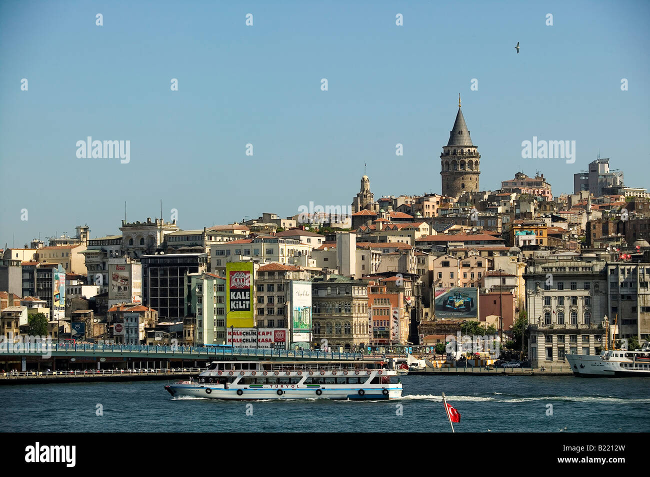 Galataturm city view Istanbul Turkey Europe Asia with tower bridge ship water Bosporus Stock Photo