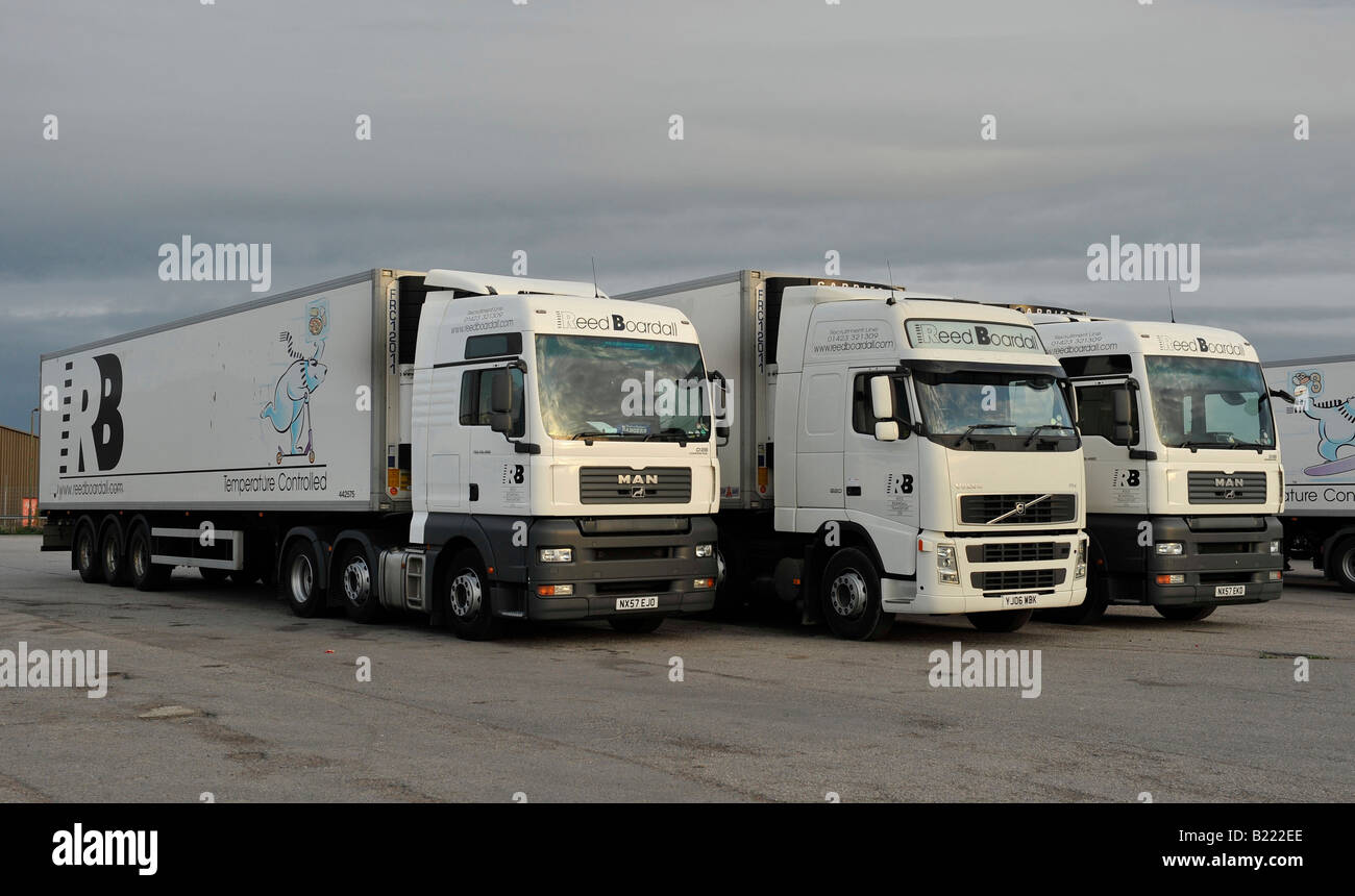 Refrigerated trucks belonging to RB Reed Bordall, Boroughbridge, Yorkshire. MAN and Volvo tractor units Stock Photo