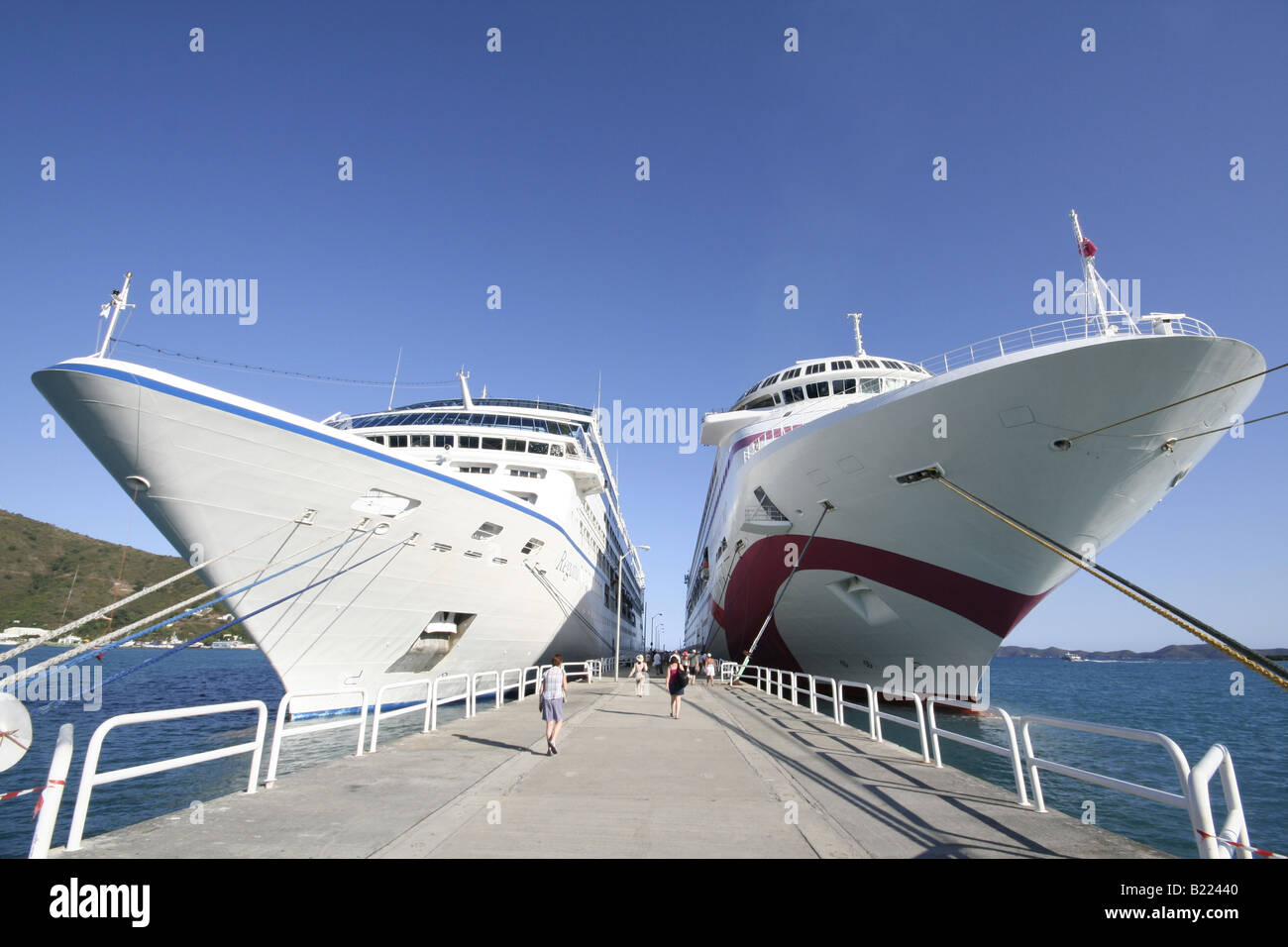 Ocean Village Two and another cruise ship moored side by side in the port of Tortola in the British Virgin Islands Stock Photo