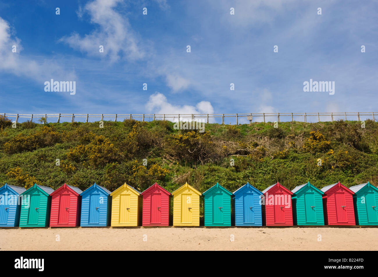 Bright painted beach huts on Llanbedrog beach Llyn peninsula Gwynedd North Wales UK GB EU Europe Stock Photo