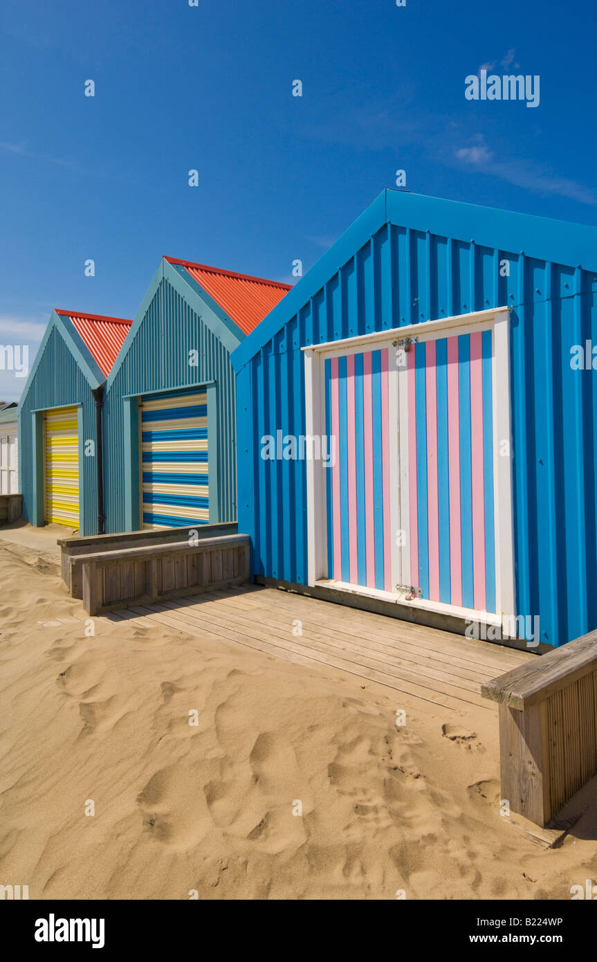 Multicoloured beach huts on Morfa Gors beach Abersoch LLeyn or LLyn Peninsula Gwynnedd North Wales GB UK EU Europe Stock Photo