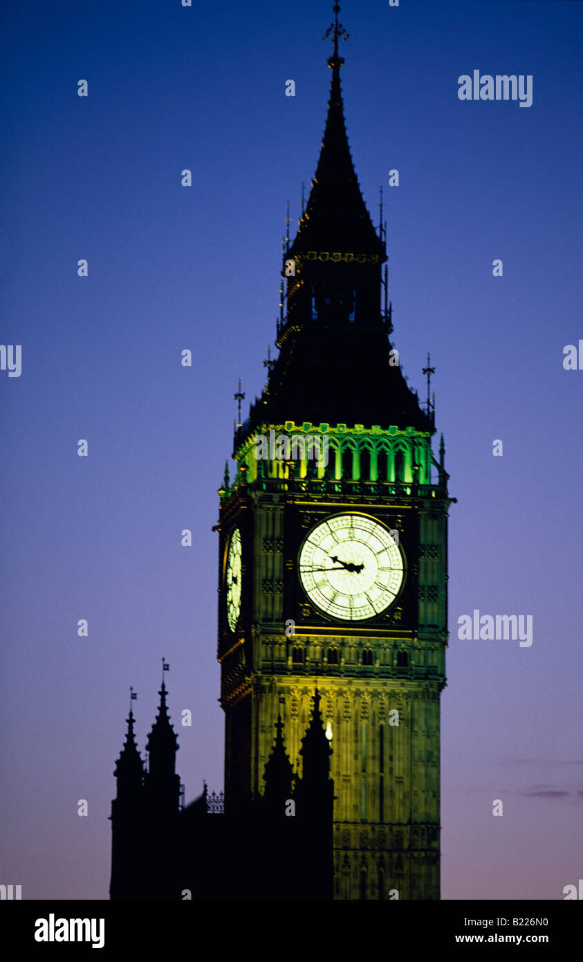 Illuminated Big Ben Tower the clock and the Houses of Parliament London Stock Photo