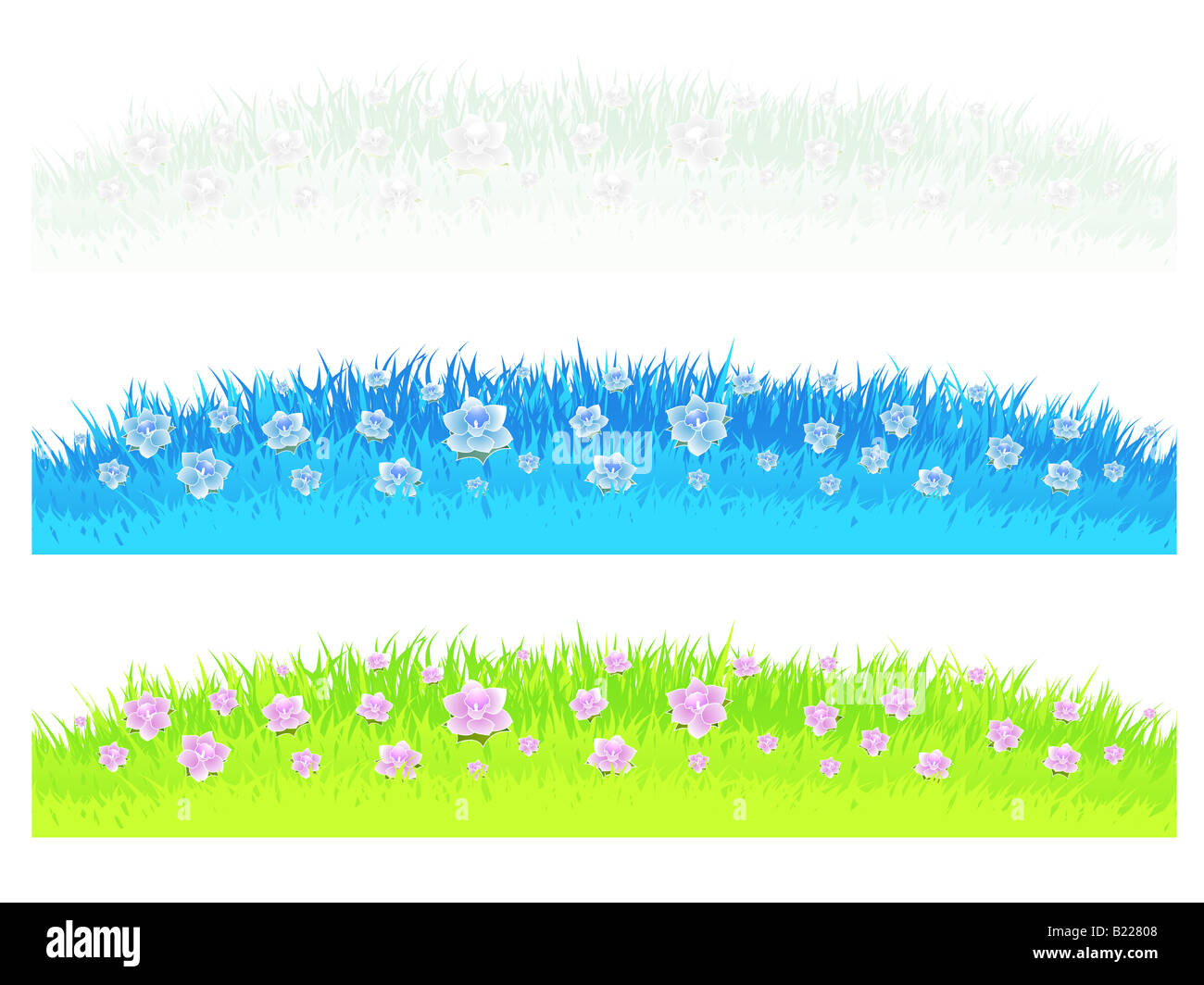 Vector illustrations of three differently colored grass and lawn design elements with beautiful flowers Stock Photo