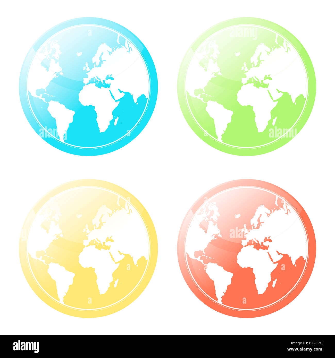 Vector illustration of four differently colored world map glossy modern icons Stock Photo