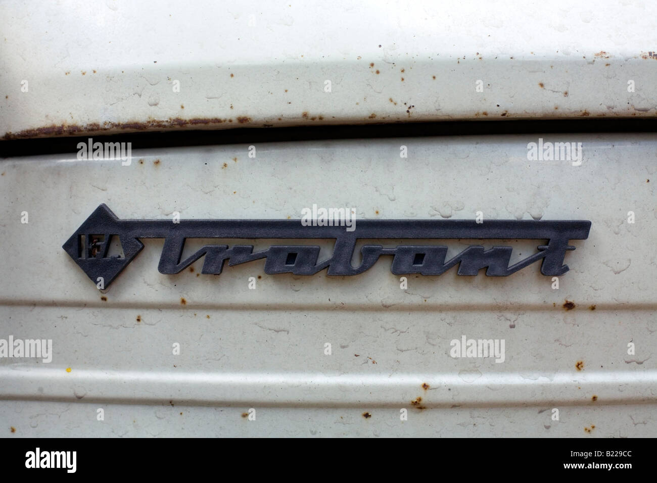 Name plate of a Trabant or 'Trabi,' the car made in the former East Germany. Stock Photo
