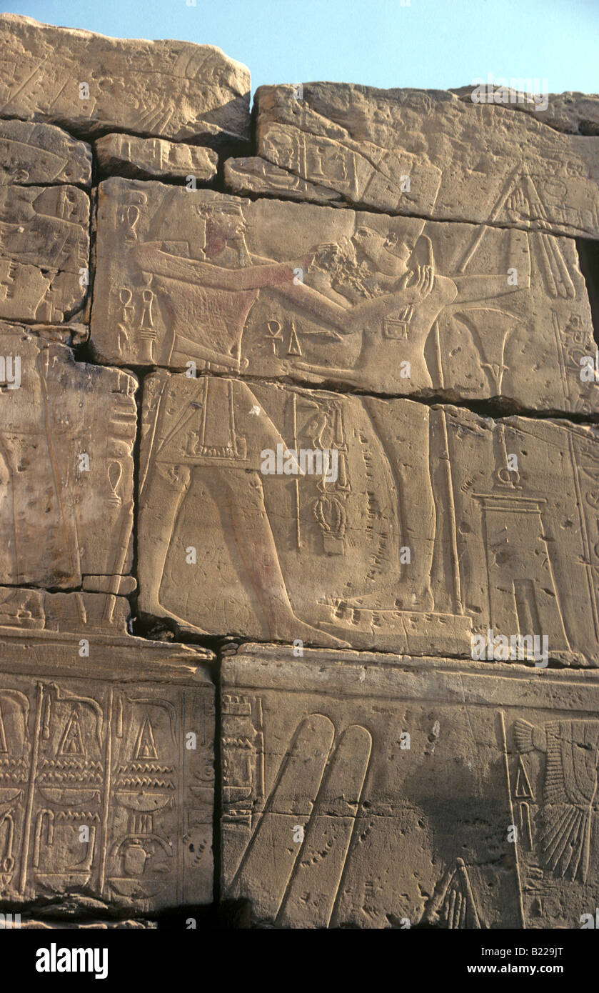 Relief detail and Hieroglyphics Temple Amun Amon Karnak Luxor Thebes Egypt Africa Stock Photo