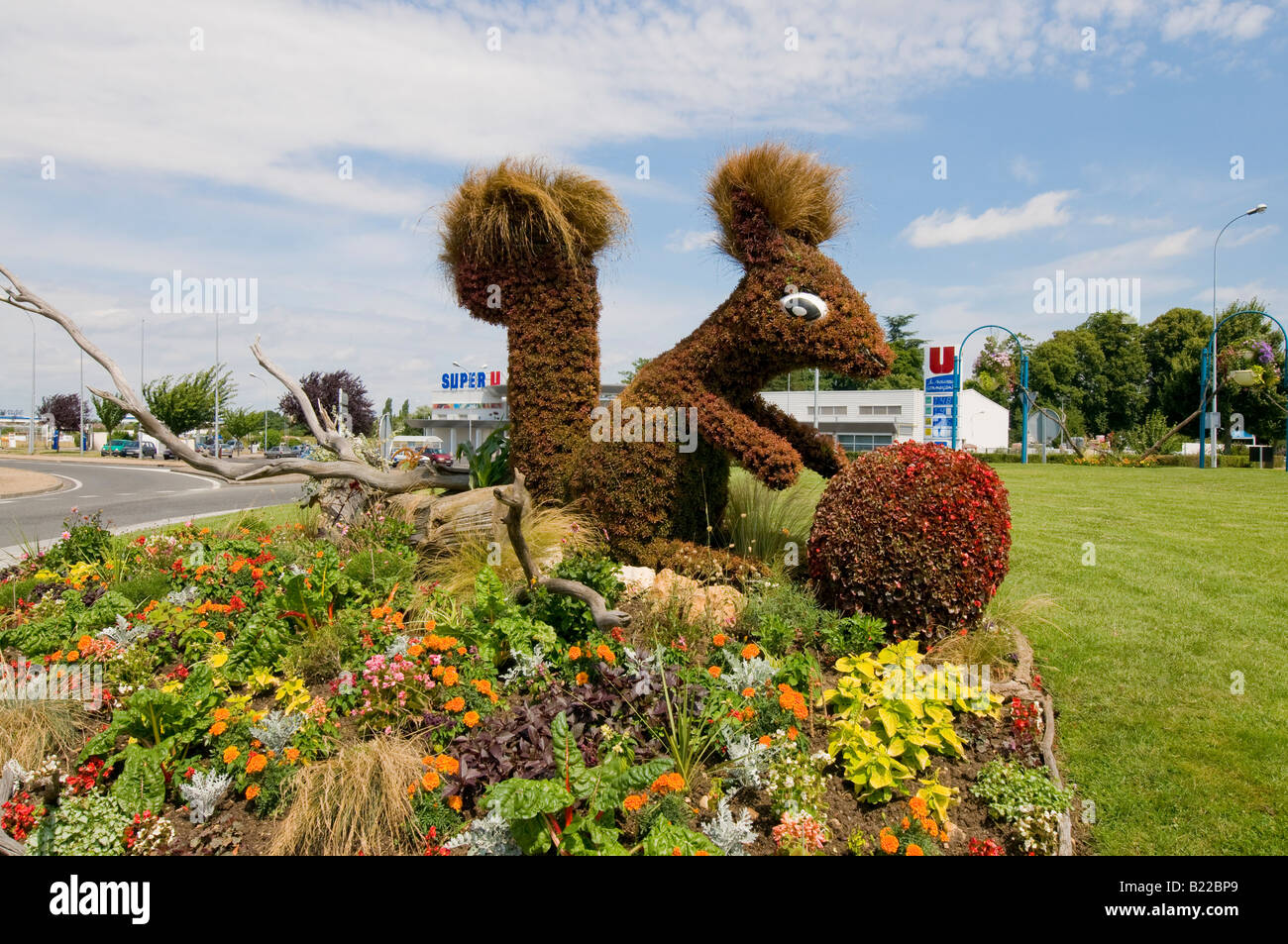 Box hedging topiary effigy of squirrel on roundabout, Descartes, Indre-et-Loire, France. Stock Photo
