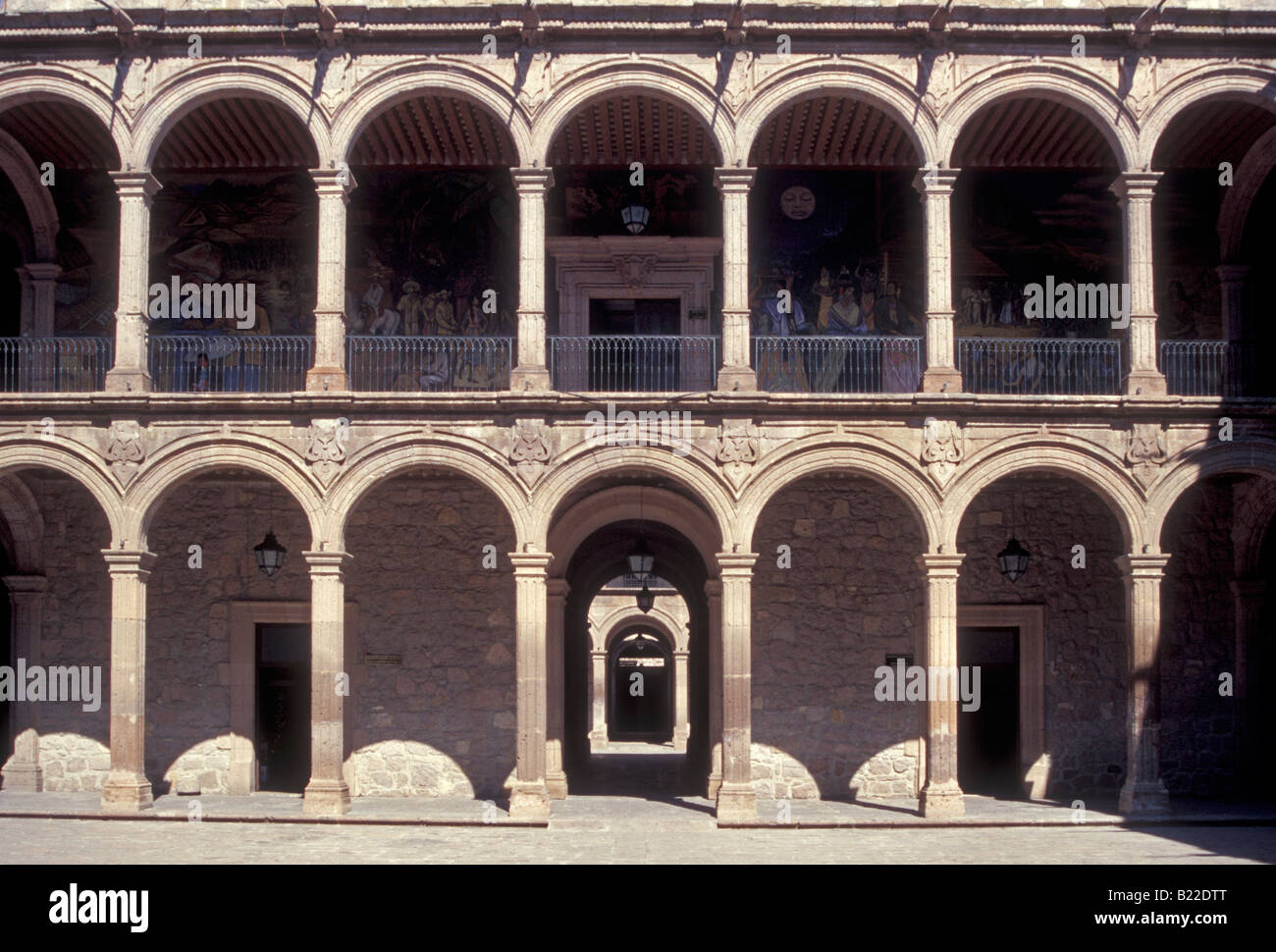 Spanish colonial arcades in the interior courtyard of the Palacio de Gobierno or Government Palace in Morelia, Michoacan, Mexico Stock Photo