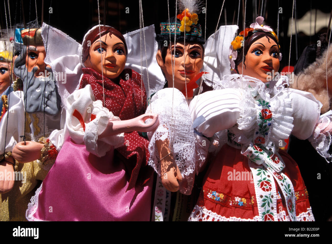 Traditional puppets on sale Havelske Street Market Prague Czechia Stock