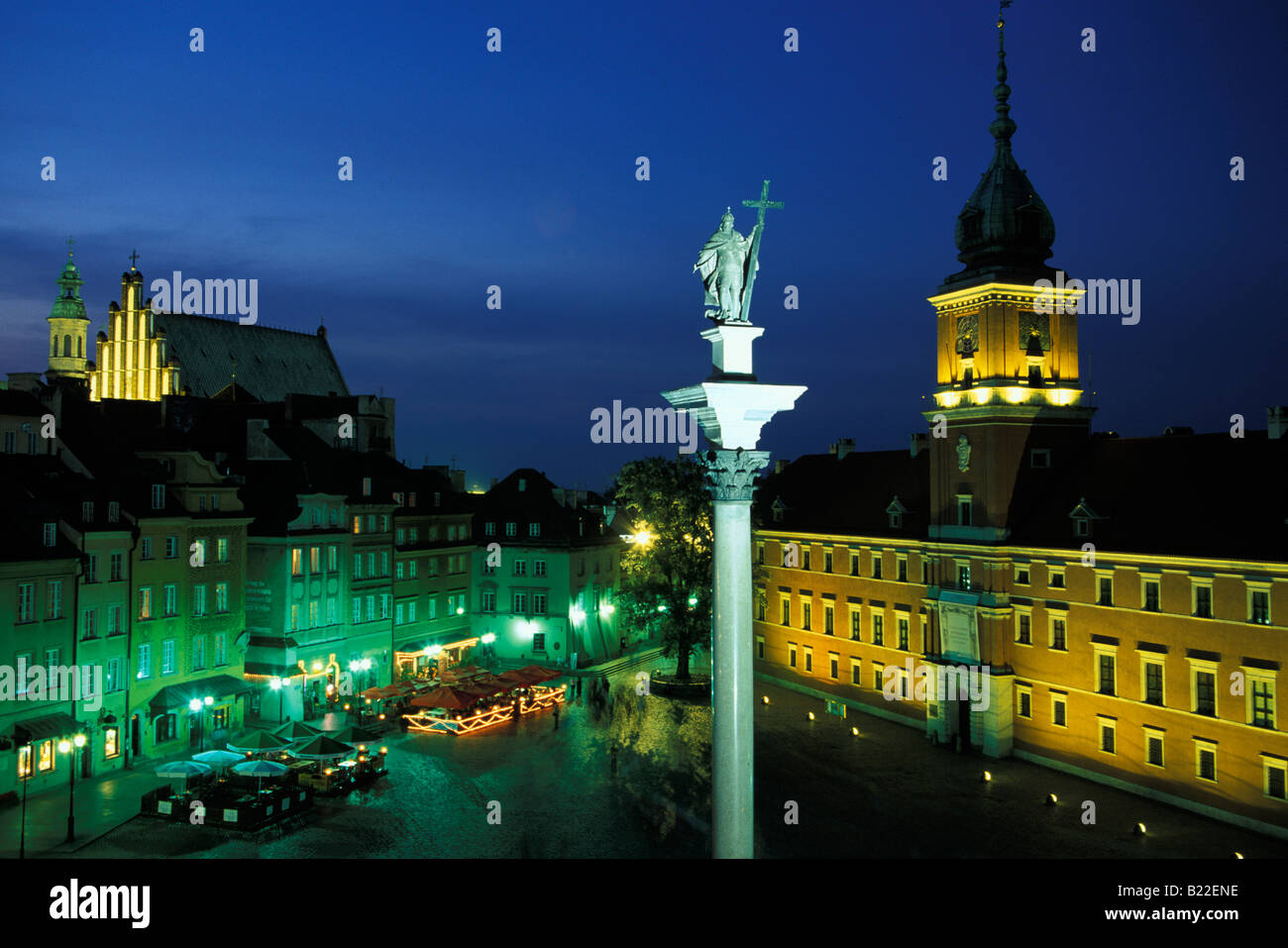 A view over Sigismund Statue to Castle Square in the Old Town with the Royal Palace Warsaw Poland Stock Photo