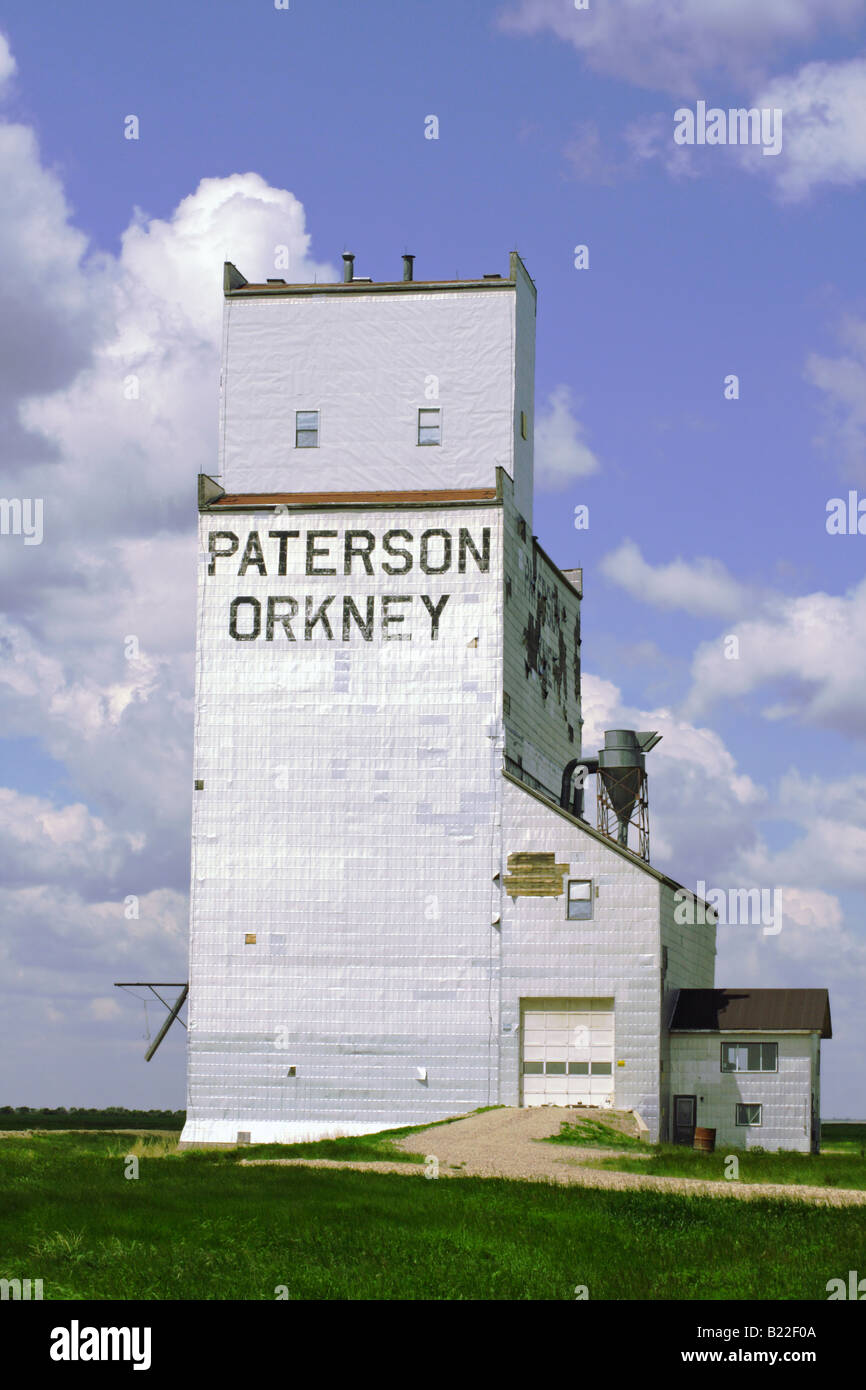 Old grain elevator along the railway grain transportation system at Paterson Orkney in Saskatchewan Canada Stock Photo