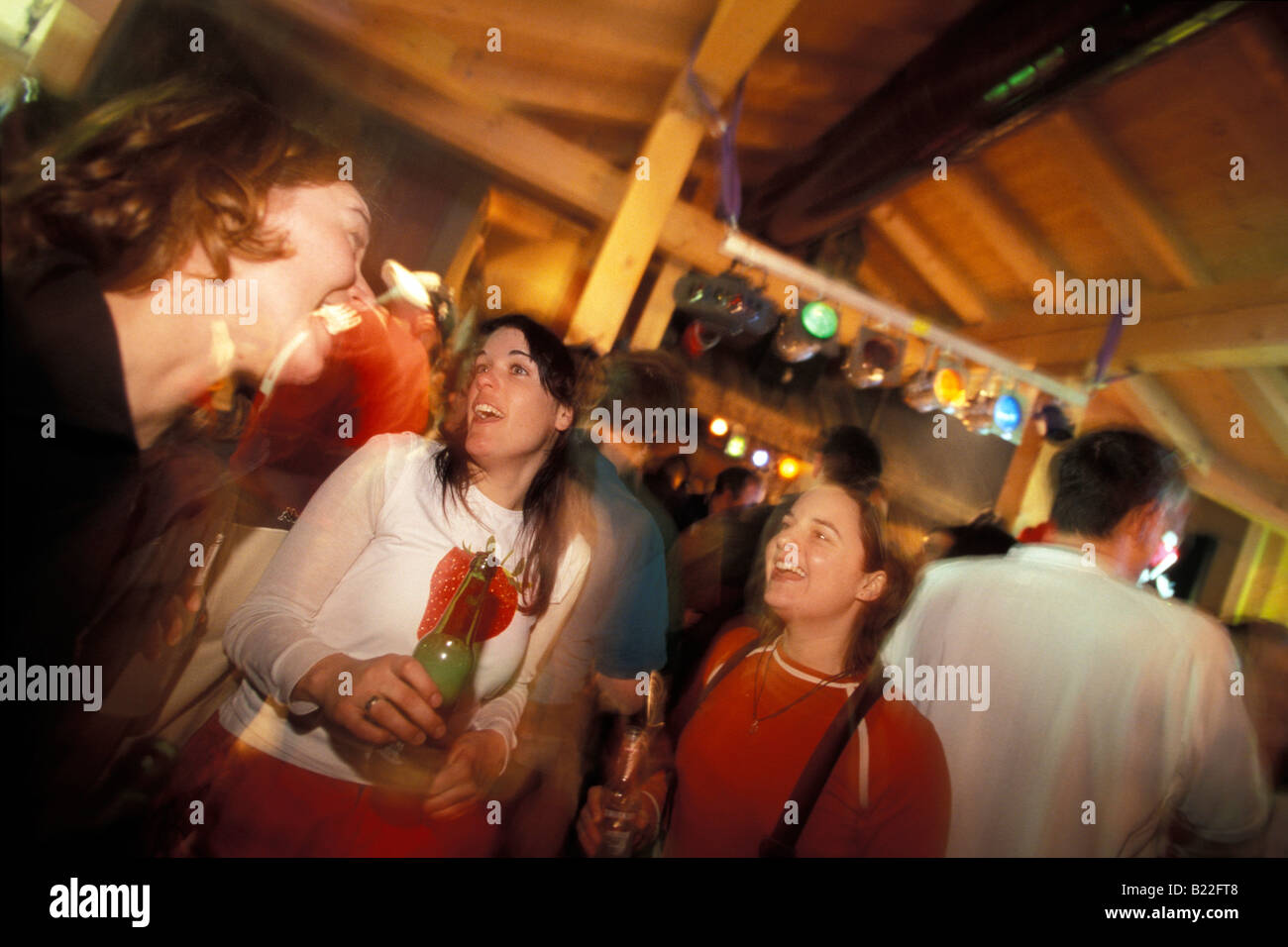 People enjoying Apres Ski at Bolgen Plaza Davos Graubunden Switzerland Stock Photo