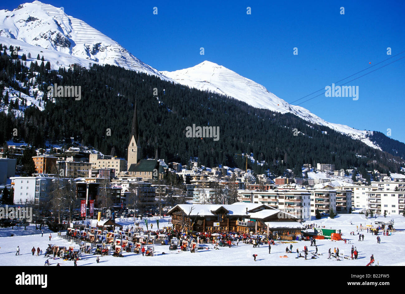 Bolgen Plaza Hut with Davos Platz in the background Graubunden Switzerland Stock Photo
