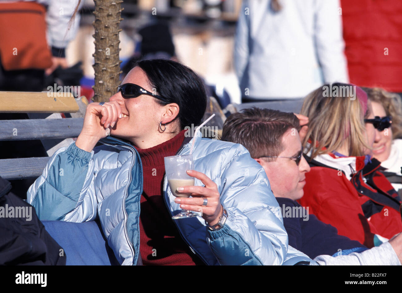 People having apres ski fun Jatz Hut Jakobshorn Davos Graubunden Switzerland Stock Photo