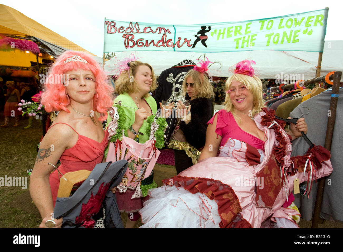 Ladies from the Bedlam Boudoir clothing stall at Glastonbury Festival 2008 Stock Photo