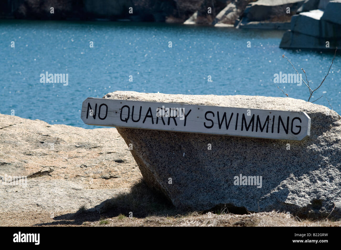 A sign alerting no swimming in the quarries. Stock Photo