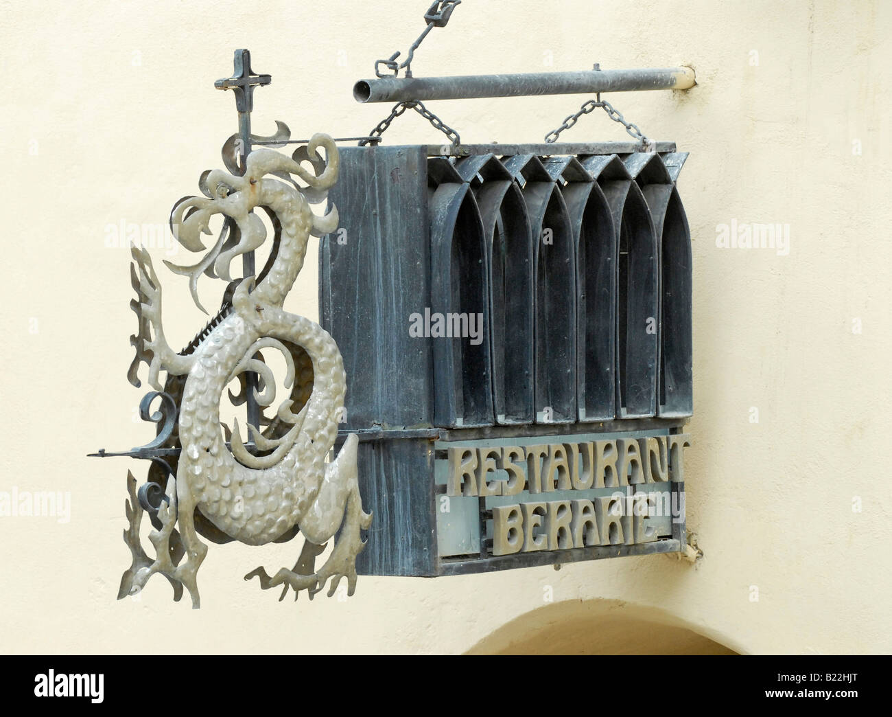 Sign-board of a restaurant in a romanian city. Restaurant Berarie in medieval looking old town of Sighisoara. Stock Photo