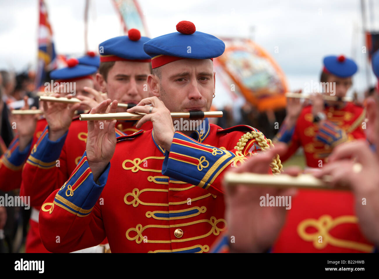 members of a loyalist flute band playing during 12th July orangeman day Orangefest celebrations in Dromara county down northern ireland Stock Photo