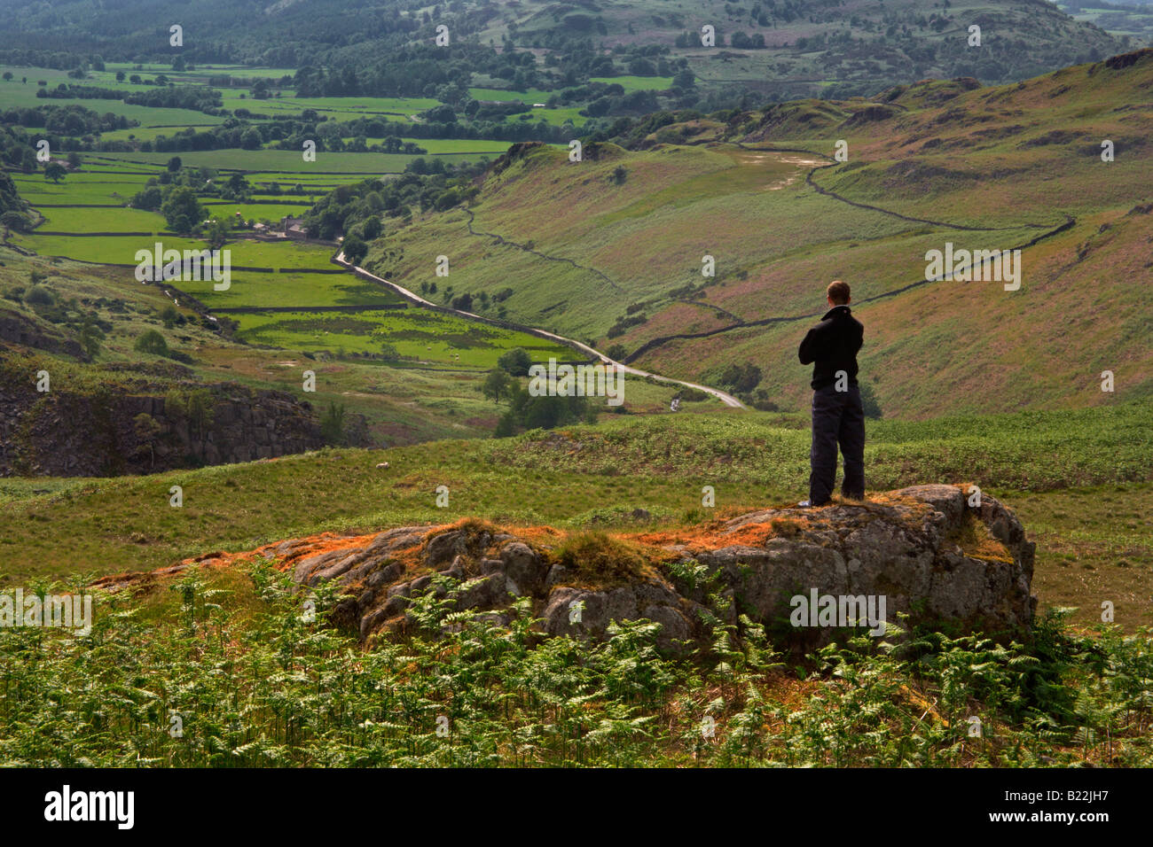 A lone walker takes in a breathtaking countryside view Stock Photo