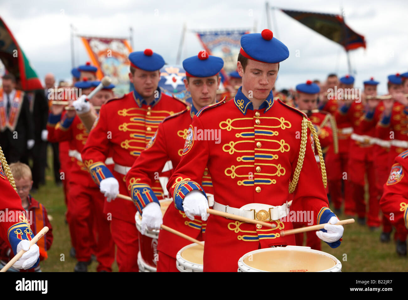 members of a loyalist flute band drumming during 12th July Orangefest
