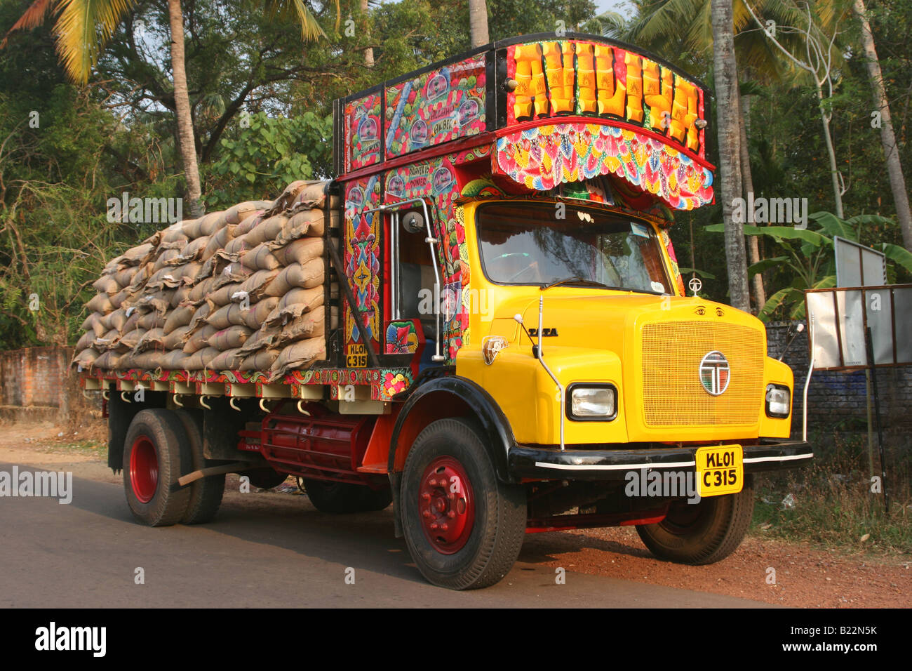 Decorated Tata truck on the roadside at Varkala, Kerala India Stock Photo