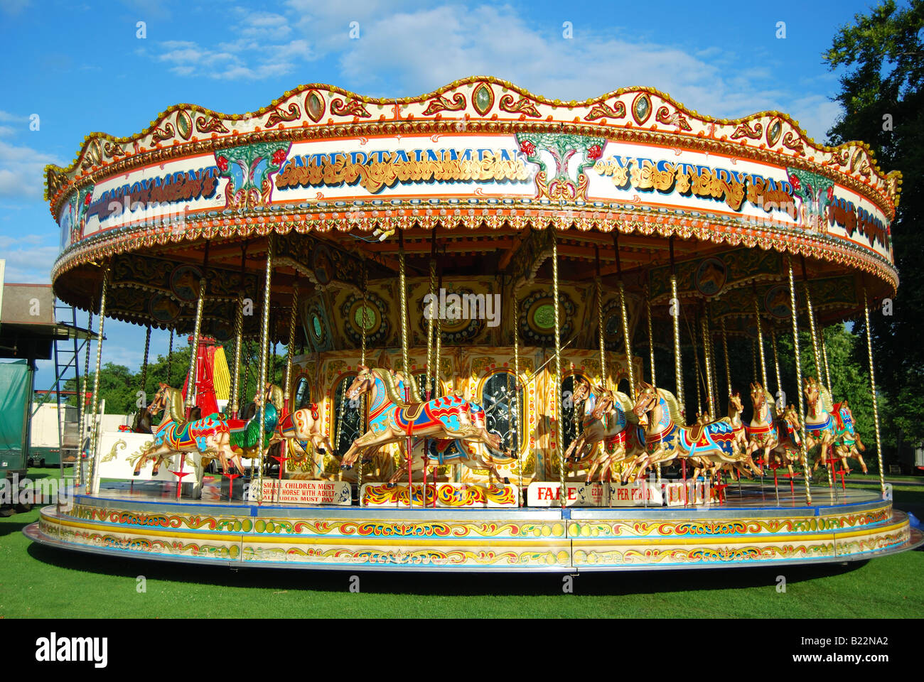 Wooden horses on carousel, The Time Gardens, Bedford, Bedfordshire, England, United Kingdom Stock Photo