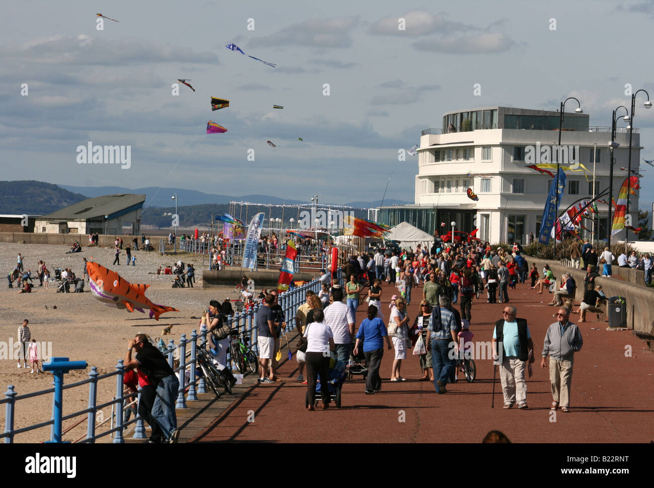 Morecambe Promenade and Midland Hotel during the Catch the Wind Kite Festival Stock Photo