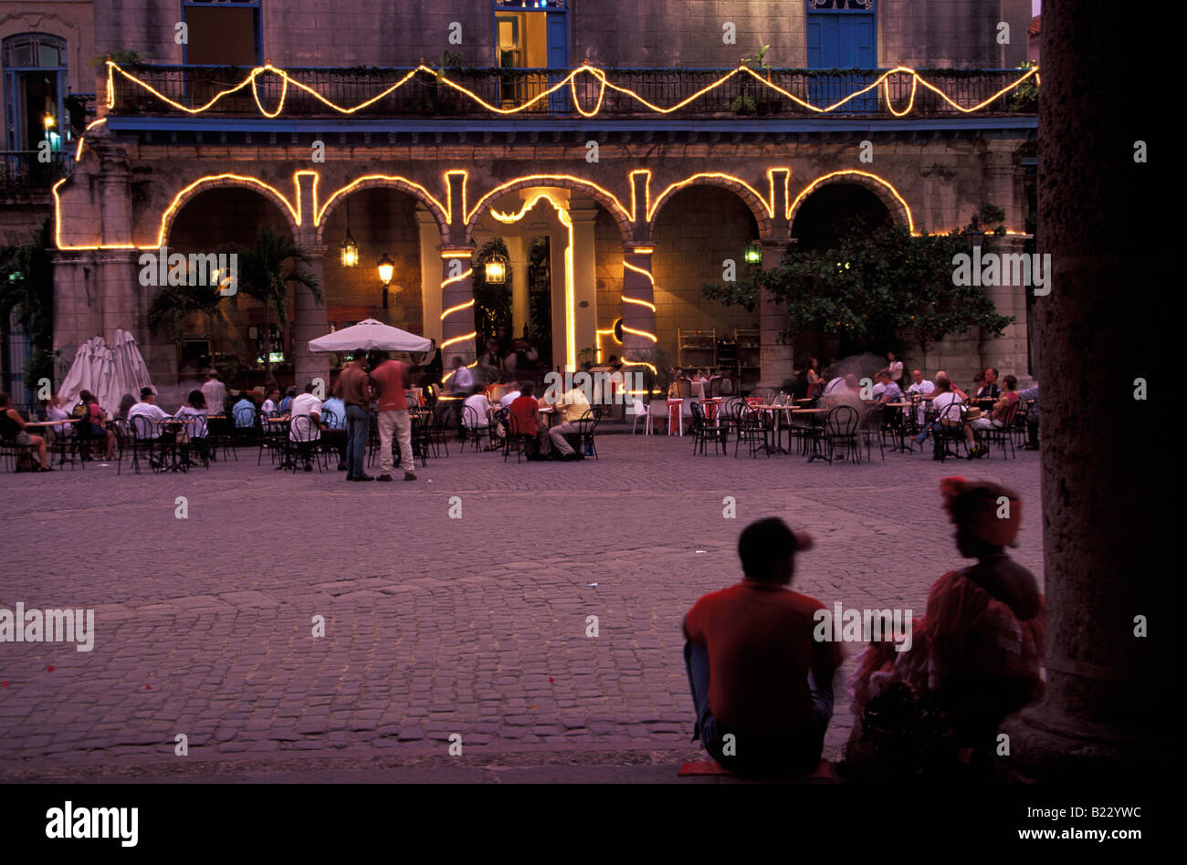 Illuminated Cafe Patio Plaza de la Catedral Old Havana Cuba Caribbean Stock Photo