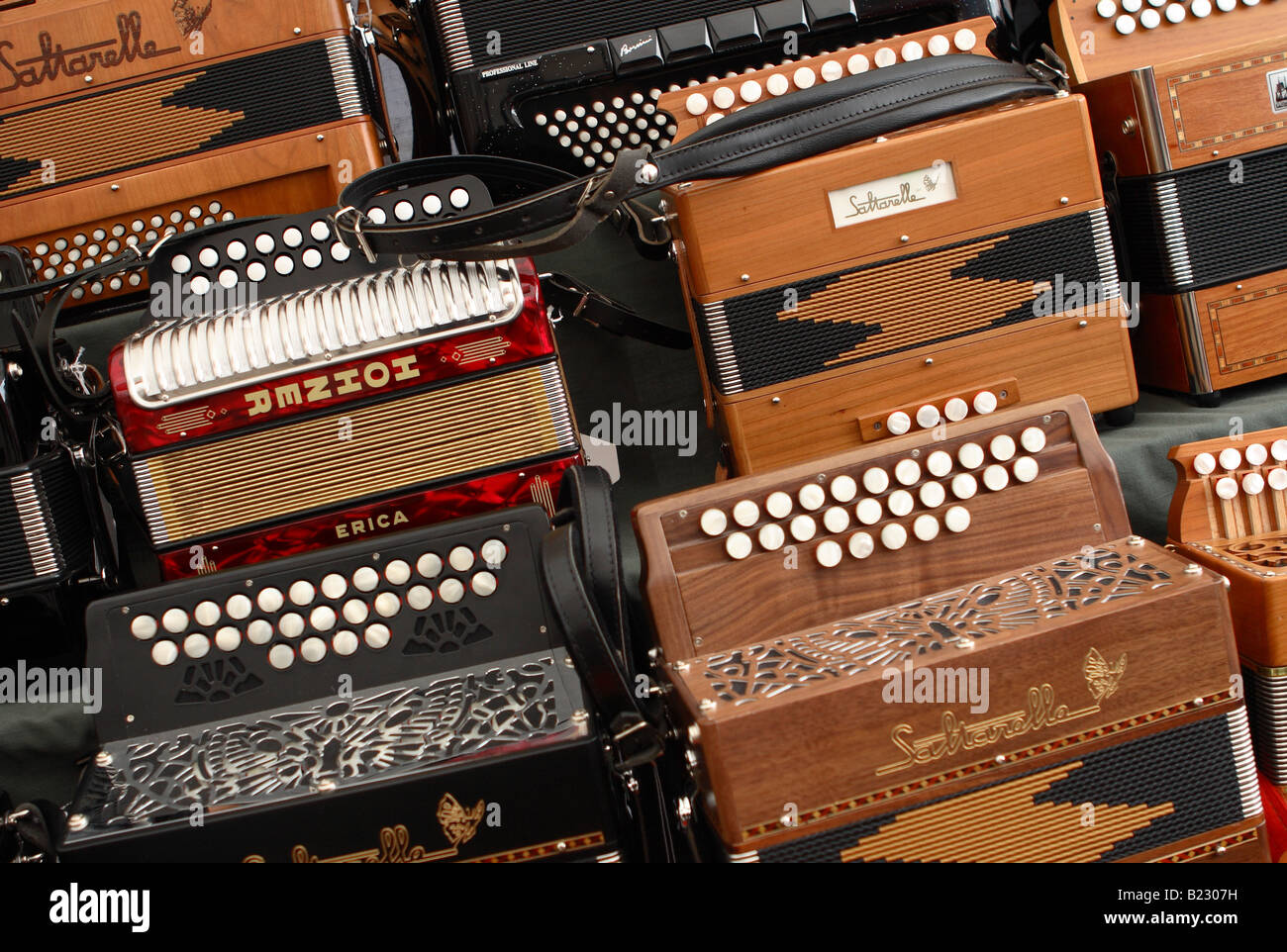A selection of button accordion melodeon squeezebox musical instruments Stock Photo
