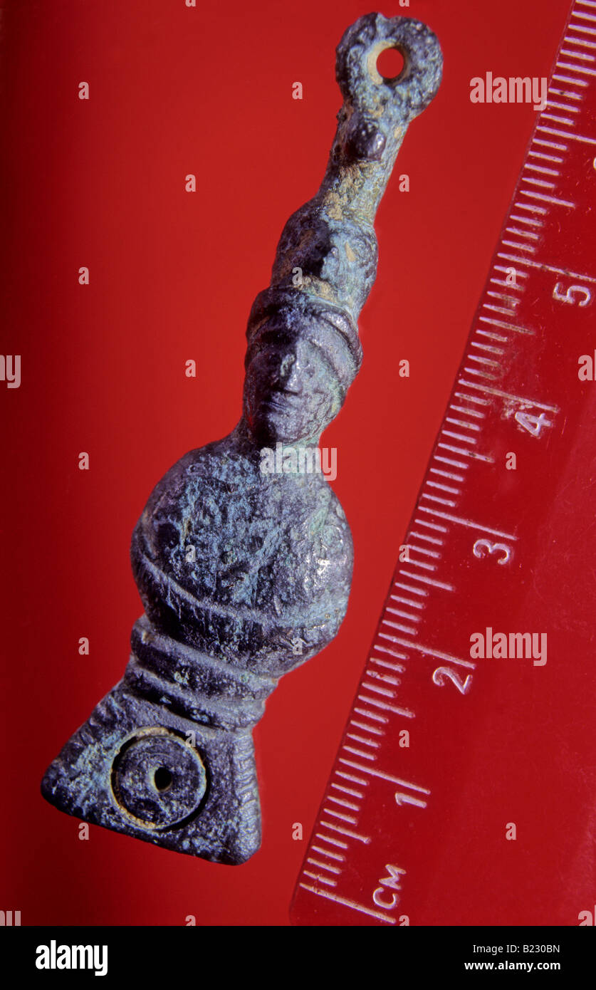 A Romano-British copper-alloy spatula handle of the helmeted head and bust of Minerva. Stock Photo