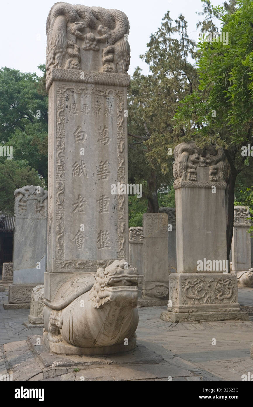 Ancient pillars with Chinese script engraved on them, Beijing, China Stock Photo