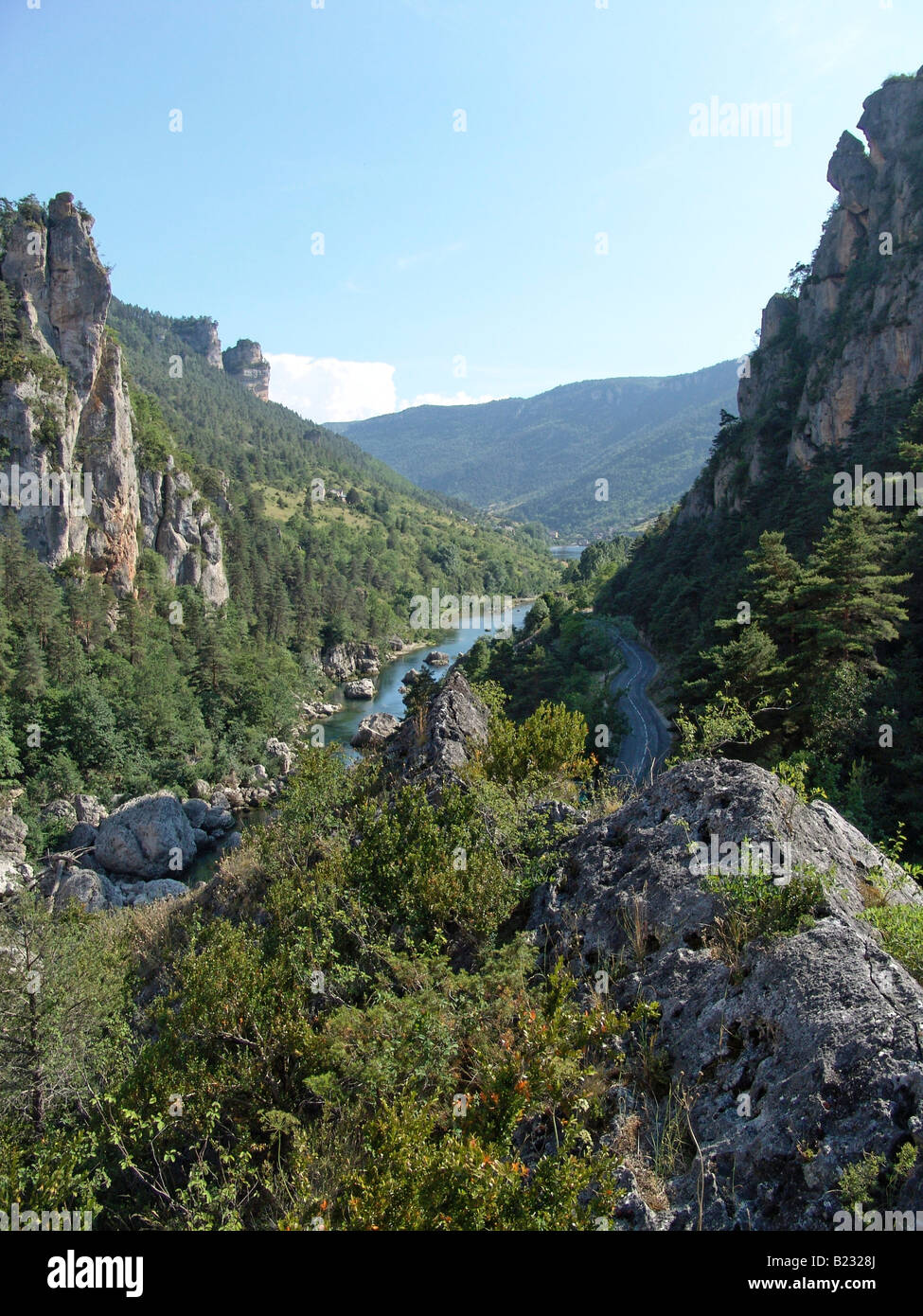 High angle view of river flowing through mountains, Tarn, Midi-Pyrenees ...