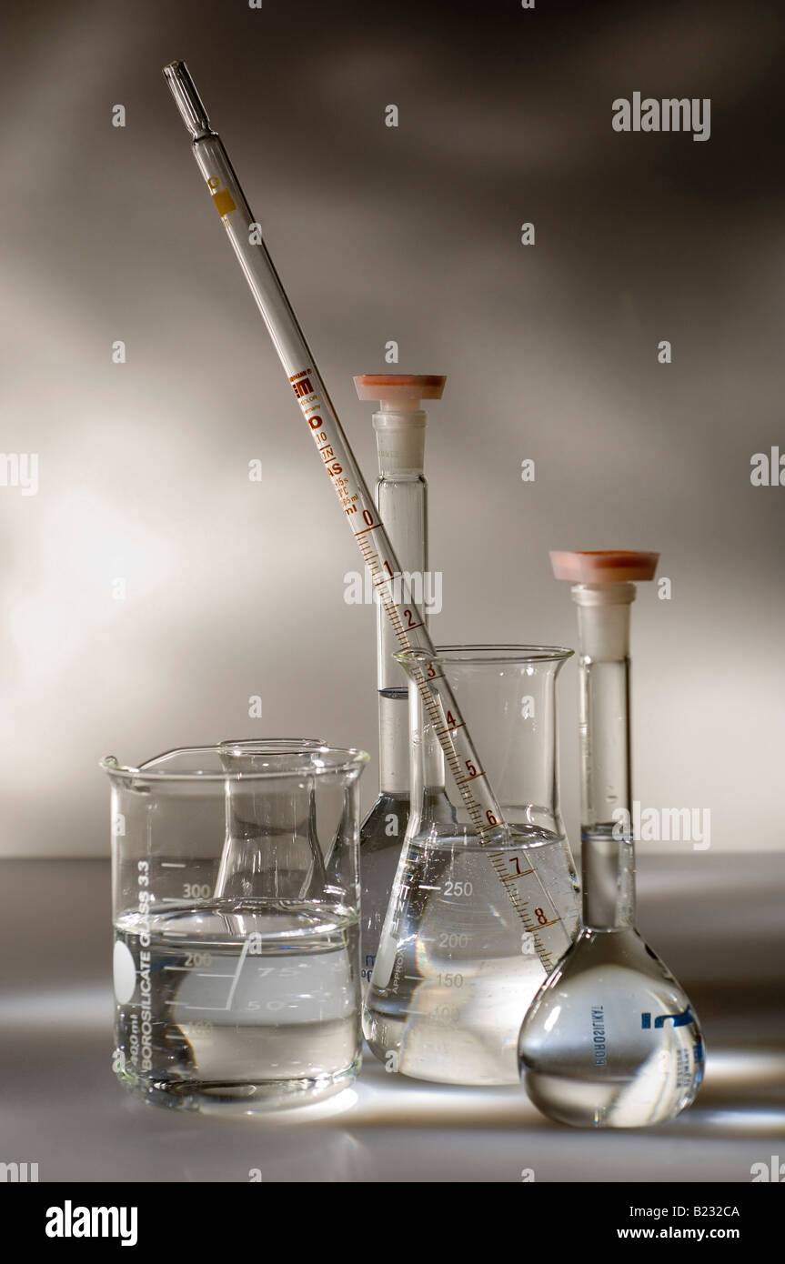 Close-up of beakers and flasks Stock Photo