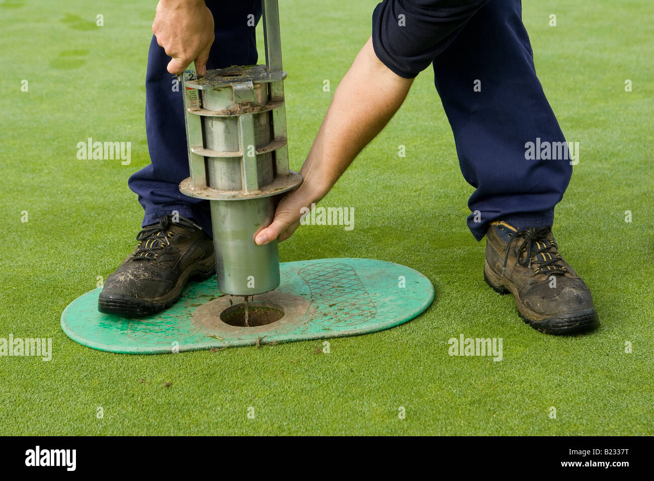 Greenkeeper cutting hole in putting green Stock Photo - Alamy
