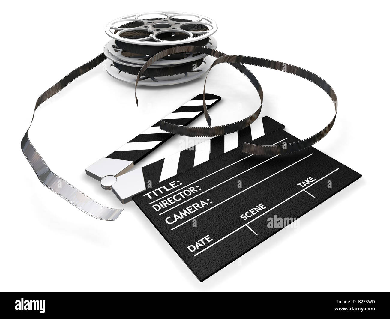 3D render of film reels and a clapper board isolated on white background Stock Photo