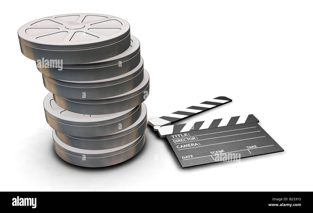 3D render of film reels and clapper board isolated on white background Stock Photo
