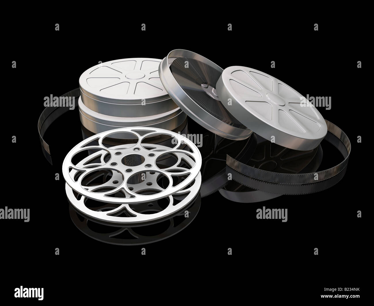 3D render of film reels and film cans Stock Photo