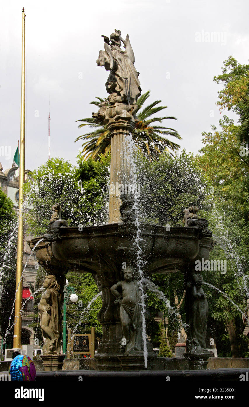 Water Fountain, Zocalo Square, Puebla City, Puebla State, Mexico Stock Photo