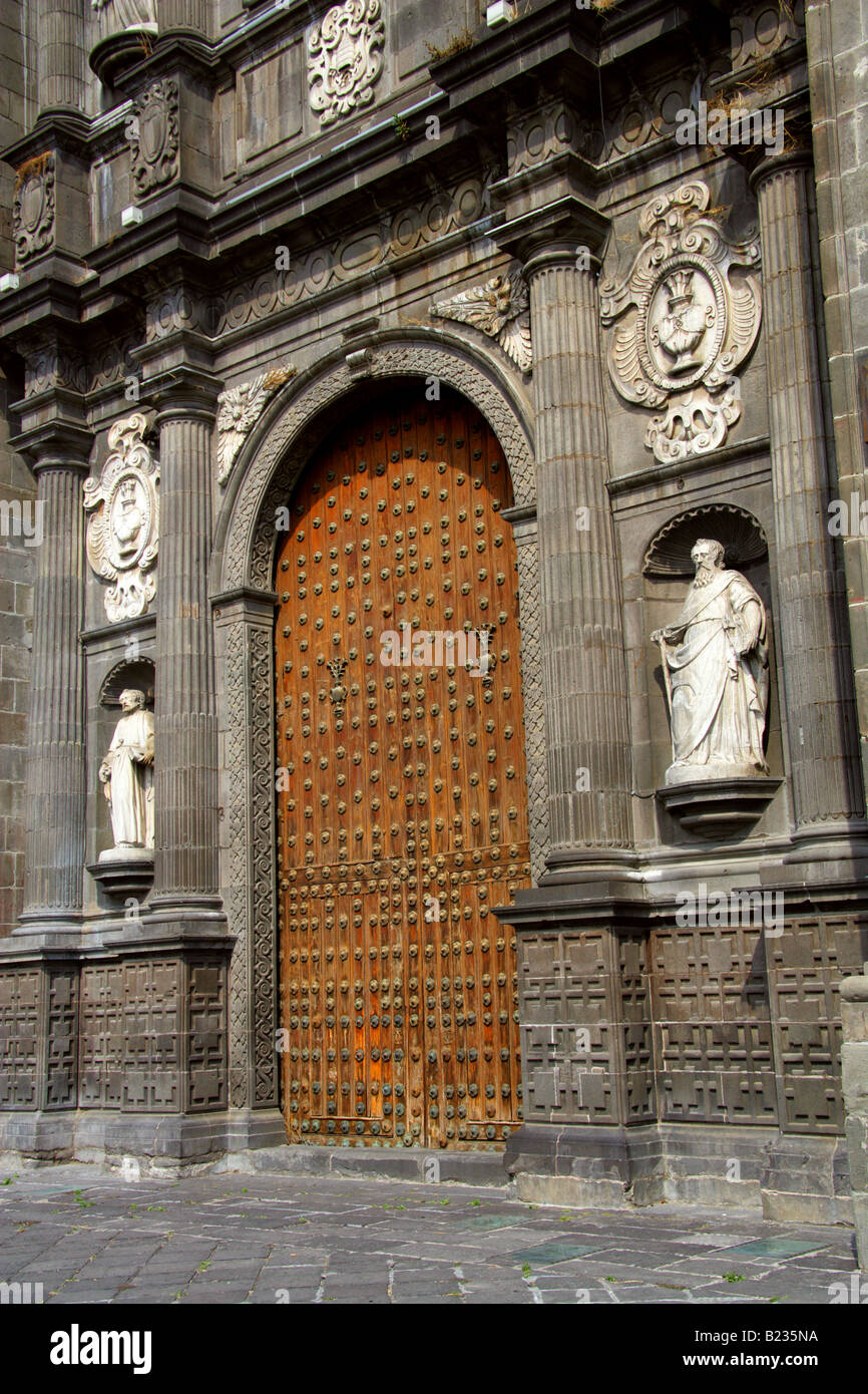 One of the Large Wooden Doors to Puebla Cathedral Puebla City Mexico Stock Photo