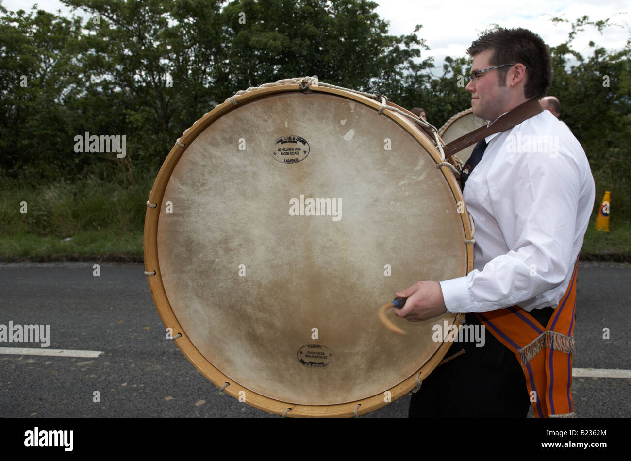 orangeman with lambeg drum during 12th July Orangefest celebrations in Dromara county down northern ireland Stock Photo