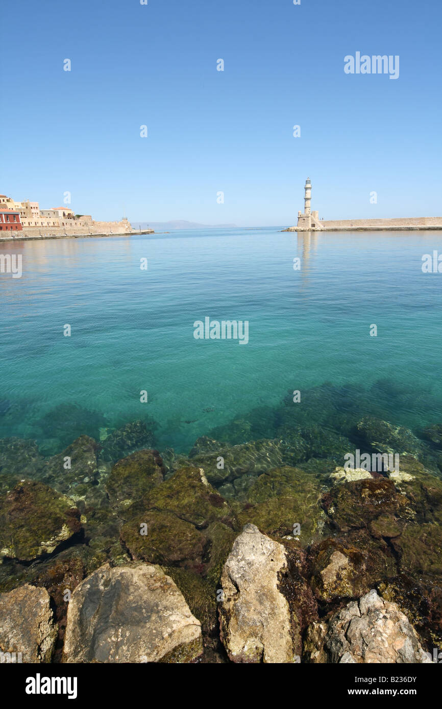 View of Chania harbour: Venetian lighthouse (Crete, Greece) Stock Photo